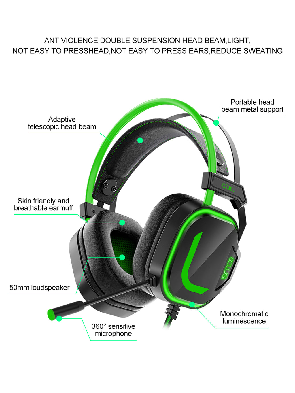 200U Green Gaming Headset for Xbox One X/S Ps5, Ps4, PC - USB Headset with Noise Cancelling Mic, USB Audio Jack, 50MM Driver