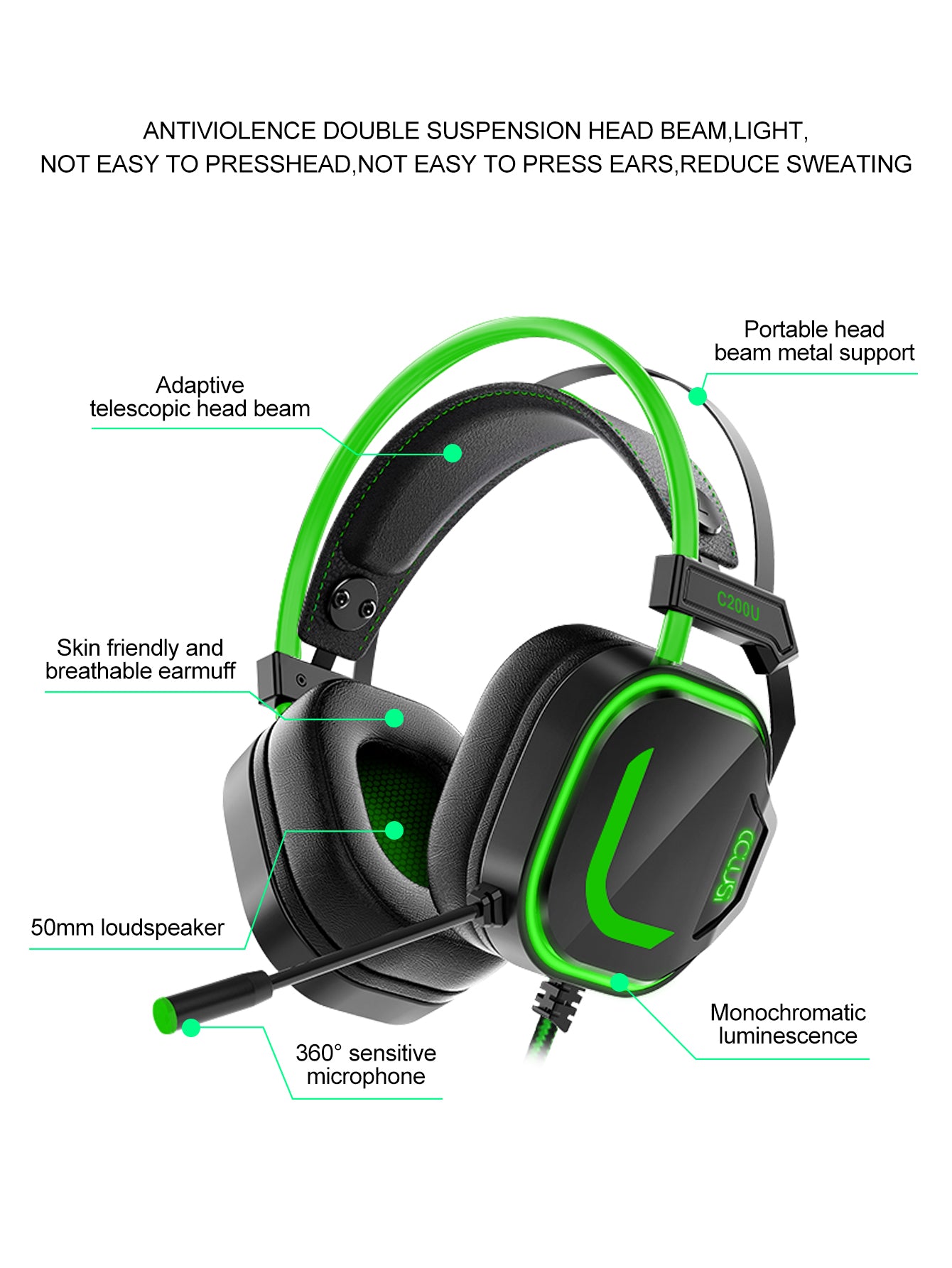 200U Green Gaming Headset for Xbox One X/S Ps5, Ps4, PC - USB Headset with Noise Cancelling Mic, USB Audio Jack, 50MM Driver
