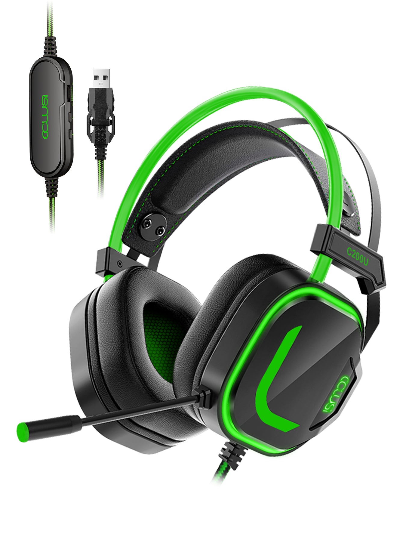200U Green Gaming Headset for Xbox One X/S Ps5, Ps4, PC - USB Headset with Noise Cancelling Mic, USB Audio Jack, 50MM Driver