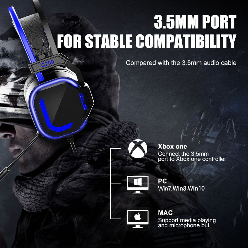 200 Blue Wired Gaming Headset with Microphone, 3.5MM Jack Gaming Headset for PS4, PS5, Xbox, Switch, Laptop, Adjustable Headband, Low Latency, Surround Sound