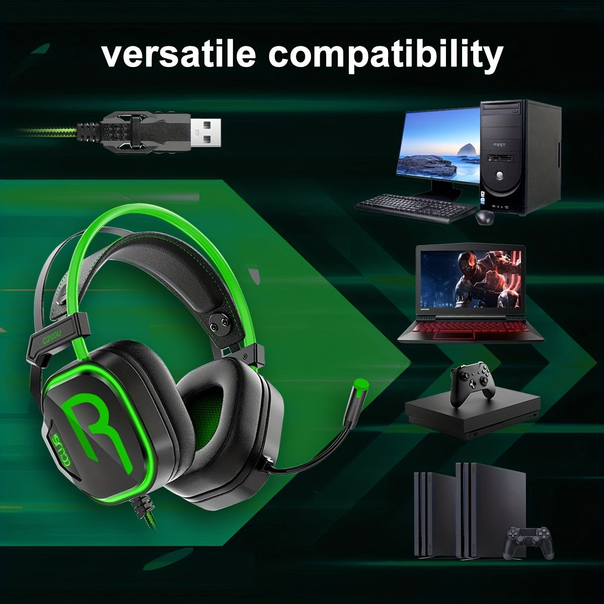 200U Green Gaming Headset for Xbox One X/S Ps5, Ps4, PC - USB Headset with Noise Cancelling Mic, USB Audio Jack, 50MM Driver