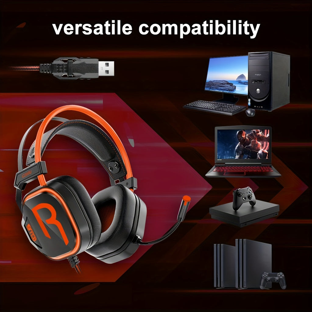 200U Orange Gaming Headset with Microphone - Noise-canceling microphone, 7.1 surround sound wired gaming headset for PS4, PS5, Xbox, PC, Laptop