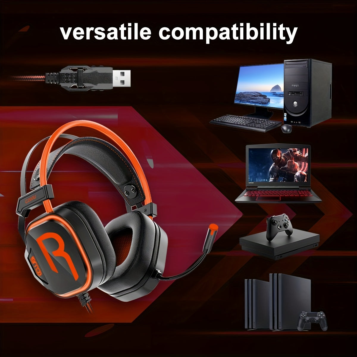 200U Orange Gaming Headset with Microphone - Noise-canceling microphone, 7.1 surround sound wired gaming headset for PS4, PS5, Xbox, PC, Laptop