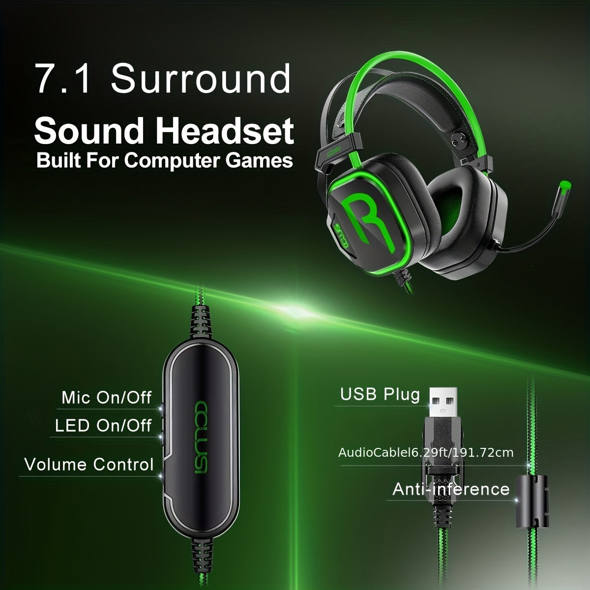 200U Green Gaming Headset for Xbox One X/S Ps5, Ps4, PC - USB Headset with Noise Cancelling Mic, USB Audio Jack, 50MM Driver