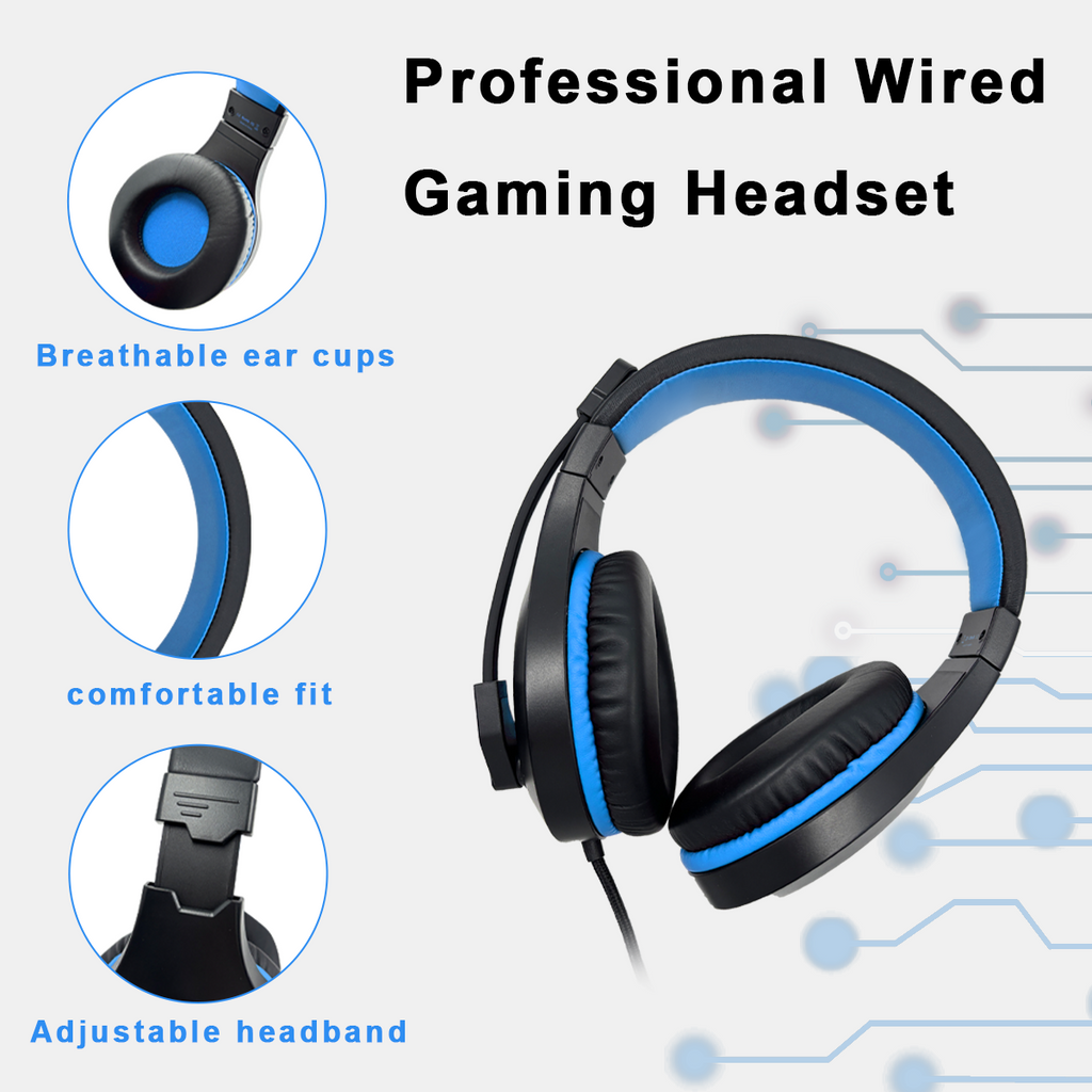 100C Gamer Wired Headset for PS4/PS5/Xbox/PC with Clear Microphone, Computer Gaming Headphone with Bass Surround Sound and Blue Light, Blue